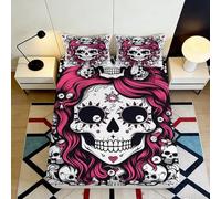 3D Printed Pink Skull Fitted Sheet Microfiber Soft Breathable Gothic Art Mattress Cover for Bedroom Dorm Decor 90x200x25cm