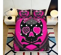 3D Printed Pink Skull Fitted Sheet Microfiber Soft Breathable Heart Eye Bed Sheet for Bedroom Guest Room Decor 90x200x25cm