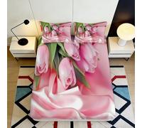 3D Printed Pink Tulip Fitted Sheet Microfiber Soft Breathable Rose Floral Bed Cover for Bedroom Dormitory Guest Room Mattress Protection Decor 90x200x25cm