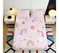 3D Printed Pink Unicorn Fitted Sheet Microfiber Soft Rainbow Bed Cover for Bedroom Dorm Guest Room Mattress Decor 90x200x25cm