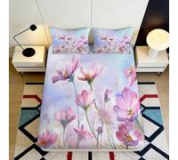 3D Printed Pink Watercolor Flower Fitted Sheet Microfiber Soft Pastel Blossom Bed Cover for Bedroom Guest Room Mattress Protection 200x200x25cm