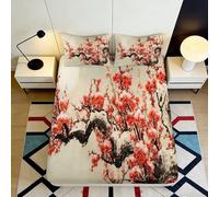 3D Printed Plum Blossom Fitted Sheet Microfiber Deep Pocket Bedroom Bedding Plum Blossom Mattress Fitted Cover Non-Slip Washable 200x200x25cm
