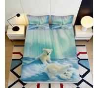 3D Printed Polar Bear Fitted Sheet Microfiber Soft Blue Ocean Bed Cover for Bedroom Guest Room Mattress Protection Decor 90x200x25cm