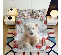 3D Printed Polar Bear Snow Fitted Sheet Microfiber Soft Decorative Gift Red Ornament Bed Cover for Bedroom Guest Room 90x200x25cm