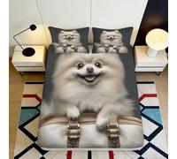 3D Printed Pomeranian Dog Fitted Sheet Microfiber Deep Pocket, Non-Slip Bedding, Pet Theme Mattress Fitted Cover for Home 200x200x25cm