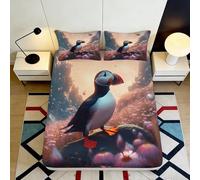 3D Printed Puffin Seaside Fitted Sheet Microfiber Soft Non-slip Bed Cover for Bedroom Guest Room Decor Easy Care 90x200x25cm