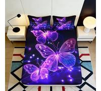 3D Printed Purple Butterfly Fitted Sheet Microfiber Soft Bedroom Decor Star Glow Bed Cover Anti-Slip Machine Washable 90x200x25cm