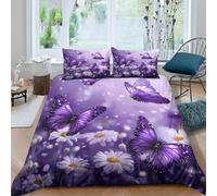 3D Printed Purple Butterfly Small Double Bedding Sets Soft Microfibre White Chrysanthemums 3 Piece Duvet Cover Set Quilt Cover 155x220 cm with Zipper Closure and 2 Pillowcases F.760