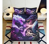 3D Printed Purple Dragon Fitted Sheet Microfiber Soft Non-Slip Black Lightning Mattress Cover Bedroom Decor 90x200x25cm