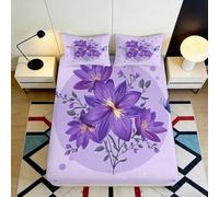 3D Printed Purple Floral Fitted Sheet Microfiber Deep Pocket Bedroom Bedding All-Around Purple Flowers Mattress Fitted Cover Washable 200x200x25cm