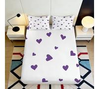 3D Printed Purple Hearts Fitted Sheet Microfiber Soft Breathable White Heart Pattern Bed Cover for Bedroom Dormitory Guest Room Mattress Protection 180x200x25cm