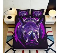 3D Printed Purple Rhino Fitted Sheet Microfiber Soft Anti-Slip Artistic Bed Sheet for Bedroom Dorm Mattress Decor 90x200x25cm