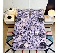 3D Printed Purple Skull Floral Fitted Sheet Microfiber Non-slip Bed Cover for Bedroom Dorm Easy Care Decor 90x200x25cm