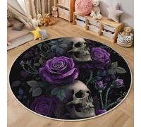 3D Printed Purple Skull Rose Round Area Rug Circular Carpet Soft Non-Slip Washable Mat Low Pile Rug Gothic Plants Anti-Slip 3D Carpet For Living Room Bedroom Decoration,120Cm