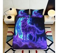 3D Printed Purple Wolf Moon Fitted Sheet Microfiber Soft Bedroom Decor Blue Night Mattress Cover for Home Dorm 90x200x25cm