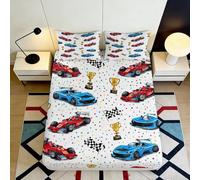 3D Printed Racing Car Fitted Sheet Microfiber Soft Breathable Checkered Flag Bed Cover for Bedroom Dormitory Guest Room Mattress Protection Decor 180x200x25cm