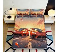 3D Printed Racing Cars Fitted Sheet Microfiber Soft Breathable Sunset Street Bed Cover for Bedroom Dormitory Guest Room Mattress Protection Decor 180x200x25cm