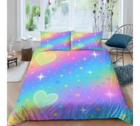 3D Printed Rainbow Heart Single Bedding Sets Microfibre Pastel Glitter 3 Piece Duvet Cover Set Quilt Cover 135x200 cm with Zipper Closure and 2 Pillowcases for Single Bed G.415