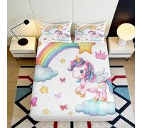 3D Printed Rainbow Unicorn Fitted Sheet Microfiber Soft Pastel Clouds Bed Cover for Bedroom Guest Room Decor 90x200x25cm