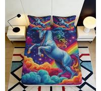 3D Printed Rainbow Unicorn Fitted Sheet Microfiber Soft Vibrant Fantasy Clouds Mattress Cover for Bedroom Decor 90x200x25cm