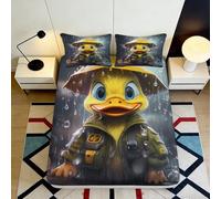 3D Printed Rainy Duck Cartoon Fitted Sheet Microfiber Soft Waterproof Yellow Duckling Bed Cover for Bedroom Dorm Mattress Decor 160x200x25cm
