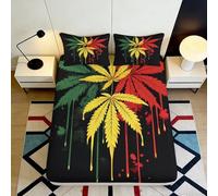 3D Printed Rasta Leaf Fitted Sheet Microfiber Soft Durable Black Bed Cover with Red Yellow Green Cannabis Pattern Mattress Cover for Bedroom Dorm Dormitory 120x200x25cm