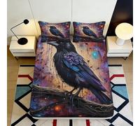 3D Printed Raven Black Artistic Fitted Sheet Microfiber Soft Breathable Night Sky Bed Cover for Bedroom Dormitory Guest Room Mattress Protection Decor 90x200x25cm