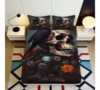 3D Printed Raven Skull Art Fitted Sheet Microfiber Deep Pocket Non-Slip Floral Mattress Fitted Cover for Bedroom Adults 200x200x25cm