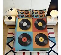 3D Printed Record Pattern Fitted Sheet Microfiber Deep Pocket Non-Slip Bedding Retro Vinyl Mattress Fitted Cover Elastic Hem Washable for Adults 140x200x25cm
