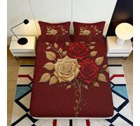 3D Printed Red and Beige Rose Pattern Fitted Sheet Microfiber Soft Breathable Floral Bed Cover for Bedroom Dormitory Guest Room Mattress Protection 160x200x25cm