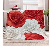3D Printed Red And White Roses Interwoven Flannel Fleece Blanket （270GSM） Romance And Purity Super Cozy 220x240 cm Queen Size Fade Resistant Home Decor Gift - Machine Washable