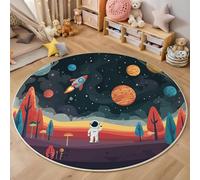 3D Printed Red Astronaut Spacecraft Round Area Rug Circular Carpet Soft Non-Slip Washable Mat Low Pile Rug Cartoon Illustration Anti-Slip 3D Carpet For Living Room Bedroom Decoration,120Cm