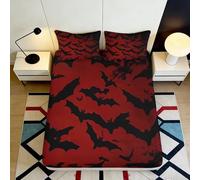 3D Printed Red Bat Pattern Fitted Sheet Microfiber Soft Breathable Gothic Black Bat Mattress Cover for Bedroom Guest Room 90x200x25cm
