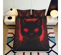 3D Printed Red Black Cat Fitted Sheet Microfiber Soft Breathable Gothic Animal Bed Cover for Bedroom Dorm Mattress Decor 90x200x25cm
