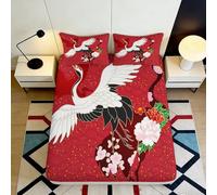3D Printed Red Crane Blossom Fitted Sheet Microfiber Soft Breathable Japanese Floral Bed Cover for Bedroom Decor 90x200x25cm