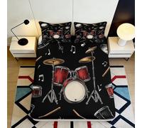 3D Printed Red Drum Kit Fitted Sheet Microfiber Soft Black Musical Notes Bed Cover for Bedroom Guest Room Decor 90x200x25cm