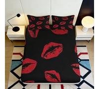 3D Printed Red Lips Fitted Sheet Microfiber Soft Breathable Kiss Pattern Bed Cover for Bedroom Dorm Decor 90x200x25cm