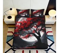 3D Printed Red Maple Moon Fitted Sheet Microfiber Soft Black White Tree Bed Cover for Bedroom Dorm Mattress Protection 90x200x25cm