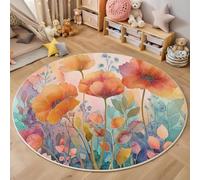 3D Printed Red Orange Leaves And Flowers Round Area Rug Circular Carpet Soft Non-Slip Washable Mat Low Pile Rug Fantasy Plants Anti-Slip Carpet For Living Room Bedroom Decoration,140Cm