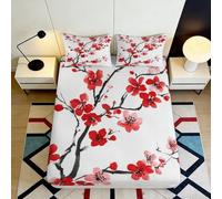 3D Printed Red Plum Blossom Fitted Sheet Microfiber Anti-Slip Mattresses Cover Bedroom Decor Machine Washable 90x200x25cm