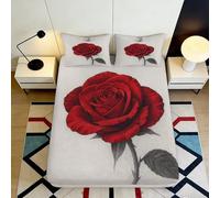 3D Printed Red Rose Fitted Sheet Microfiber Deep Pocket Bedding for Adults Non-Slip Full Wrap Red Rose Mattress Fitted Cover Washable 160x200x25cm