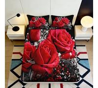 3D Printed Red Rose Fitted Sheet Microfiber Deep Pocket Elastic Hem Bedding Set Red Rose Mattress Fitted Cover Washable for Adults Bedroom 160x200x25cm