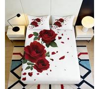 3D Printed Red Rose Fitted Sheet Microfiber Deep Pocket Elastic Hem Bedroom Bedding Red Rose Mattress Fitted Cover Breathable Washable 160x200x25cm