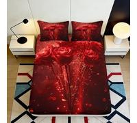 3D Printed Red Rose Fitted Sheet Microfiber Deep Pocket Non-Slip Bedding Red Rose Mattress Fitted Cover for Bedroom 160x200x25cm
