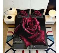 3D Printed Red Rose Fitted Sheet Microfiber Non-Slip Deep Pocket Bedroom Bedding Rose Mattress Fitted Cover Full Wrap Washable 160x200x25cm