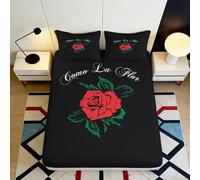 3D Printed Red Rose Fitted Sheet Microfiber Soft Black Floral Bed Cover for Bedroom Guest Room Dorm Mattress Decor 90x200x25cm
