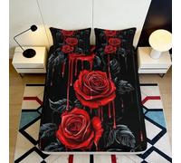 3D Printed Red Rose Fitted Sheet Microfiber Soft Breathable Black Floral Bed Cover for Bedroom Dorm Mattress Protection Decor 90x200x25cm