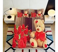 3D Printed Red Rose Fitted Sheet Microfiber Soft Breathable Teddy Bear Bed Cover for Bedroom Guest Room Home Decor 90x200x25cm