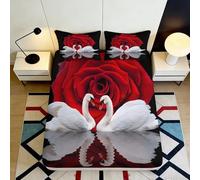 3D Printed Red Rose Fitted Sheet Microfiber Soft Breathable White Swan Bed Cover for Bedroom Guest Room Decor 90x200x25cm