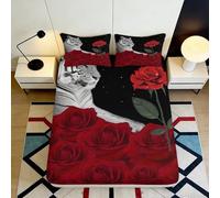 3D Printed Red Rose Lover Fitted Sheet Microfiber Black White Romantic Bed Cover Machine Washable Bedroom Decor 90x200x25cm